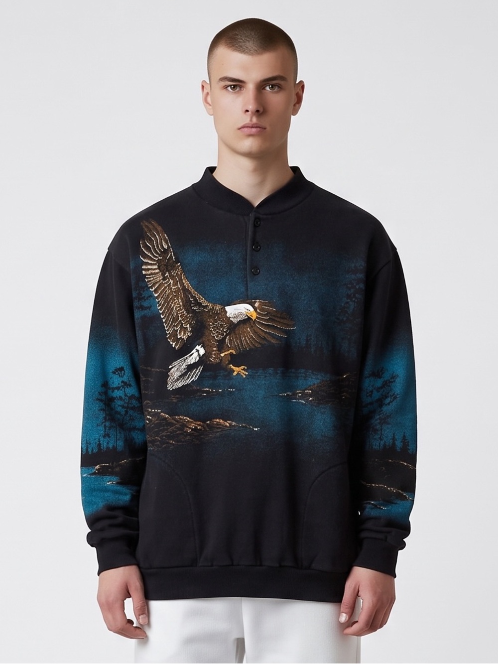 Vintage 90s AU black henley sweatshirt Eagle scene Graphic. Made in USA. L